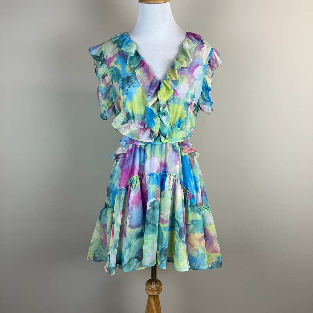 RESET by Jane Dress Large Colorful Floral Cutout Mini Ruffle Feminine Coquette L